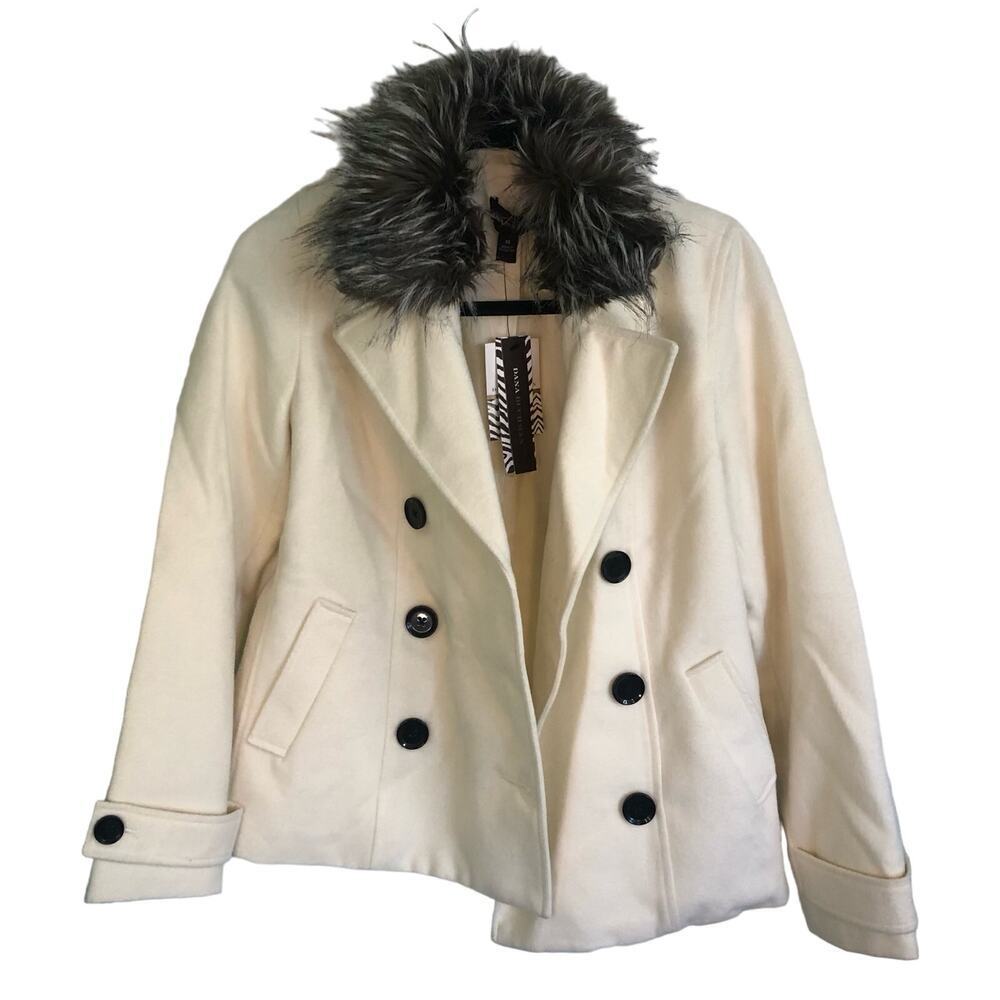 NWT Dana Buchman Ivory White Pea Coat w/ Removable Fur Collar Size XS